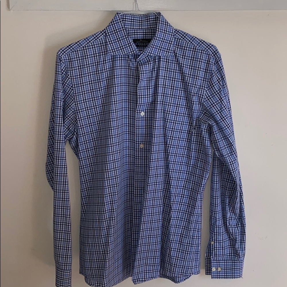 Blue checkered button down shirt